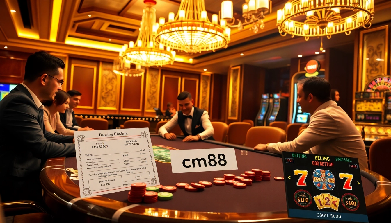 Engage with cm88 in a luxurious casino setting, showcasing a dynamic poker table and vibrant betting elements.