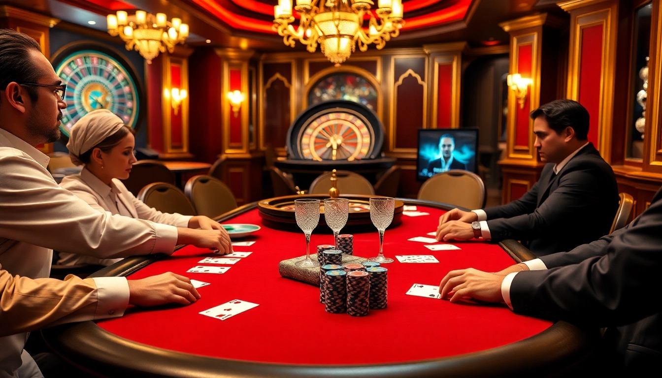 Kubet players strategizing at a high-stakes poker table in a luxurious casino setting.