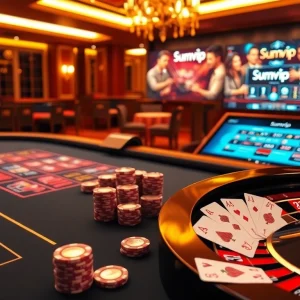 Experience thrilling gameplay at https://sumvip.mom/ with vibrant poker chips and cards on a sleek casino table.