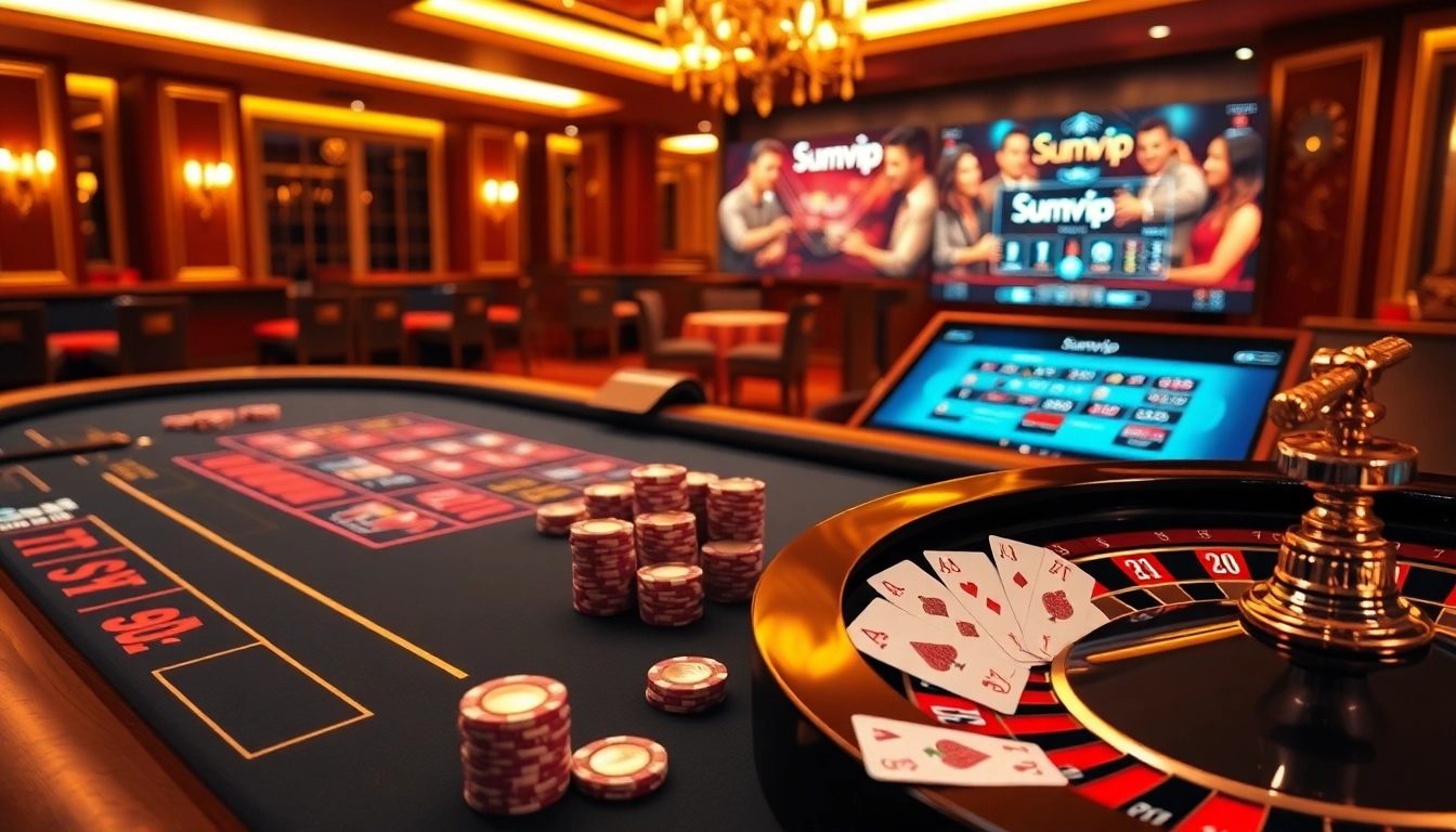 Experience thrilling gameplay at https://sumvip.mom/ with vibrant poker chips and cards on a sleek casino table.