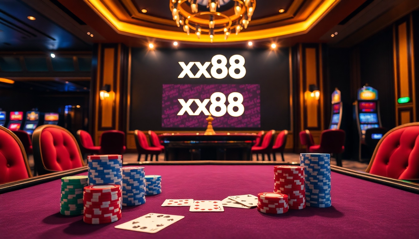Experience high-stakes excitement at xx88 with vibrant casino tables and elegant decor.