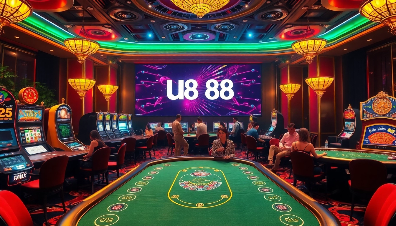 Excited players engaging at U888 casino tables, strategizing in a vibrant gambling atmosphere.
