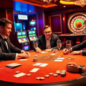 Exciting casino scene with kkwin poker players at a table, vibrant slot machines adding to the atmosphere.