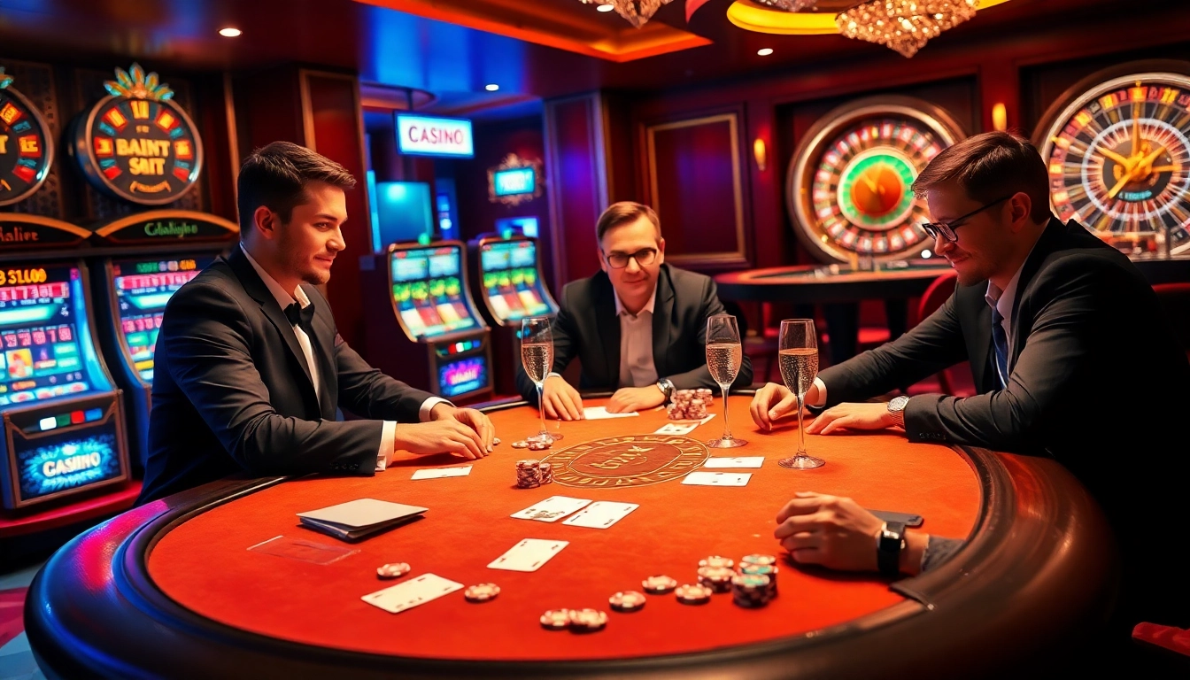 Exciting casino scene with kkwin poker players at a table, vibrant slot machines adding to the atmosphere.