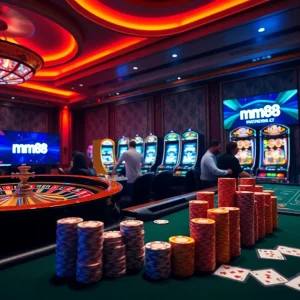 Exciting players engaging in a premium mm88 casino gaming experience with roulette and poker.