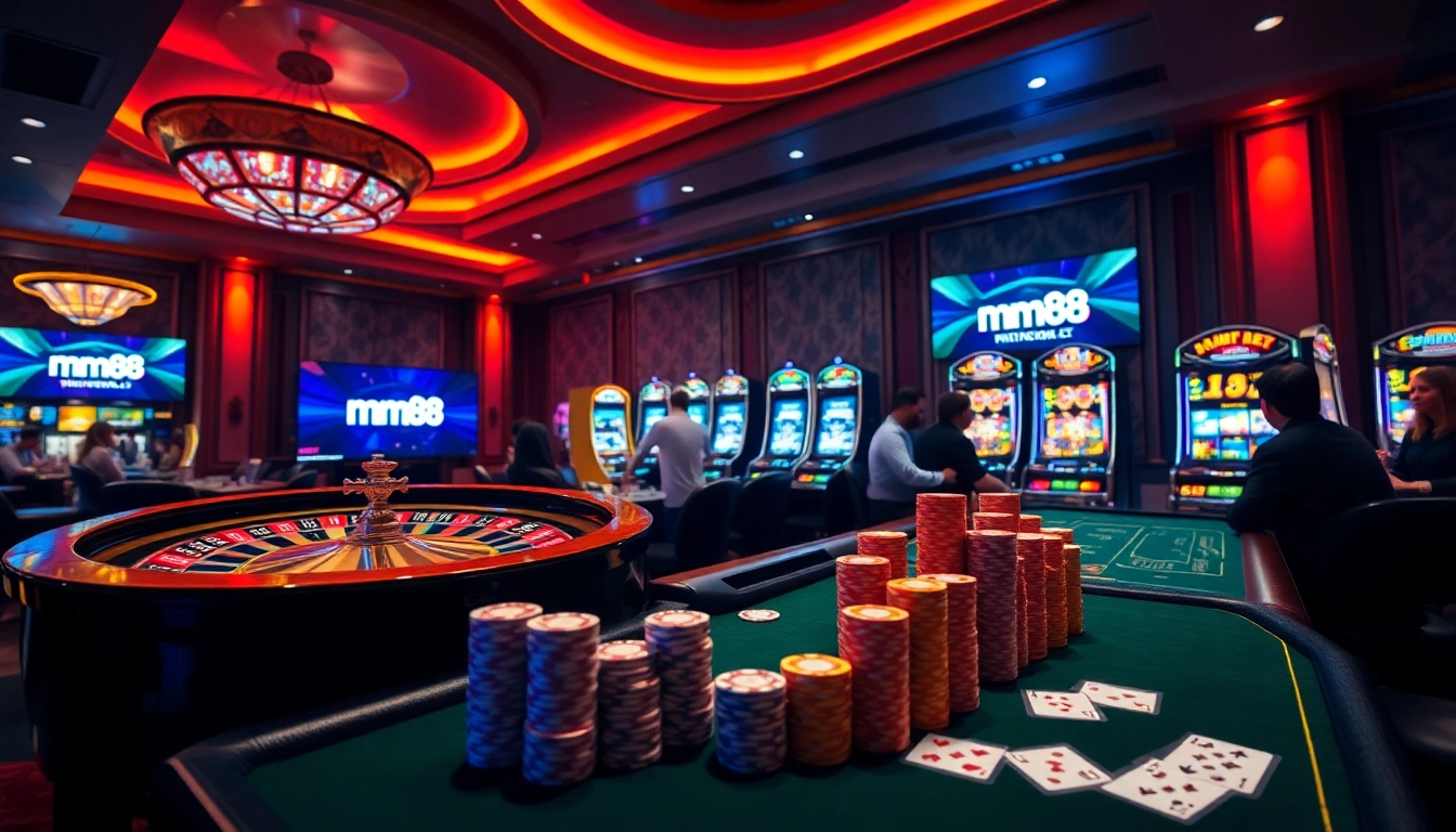 Exciting players engaging in a premium mm88 casino gaming experience with roulette and poker.