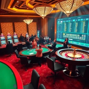 Players enjoying an exciting gaming experience at https://mm88.global/ with engaging slot machines and poker tables.