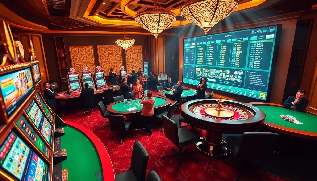 Players enjoying an exciting gaming experience at https://mm88.global/ with engaging slot machines and poker tables.