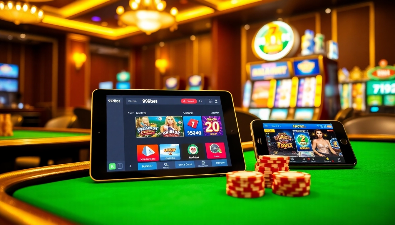 Experience the excitement of gaming through the 999bet app on mobile devices in a vibrant casino setting.