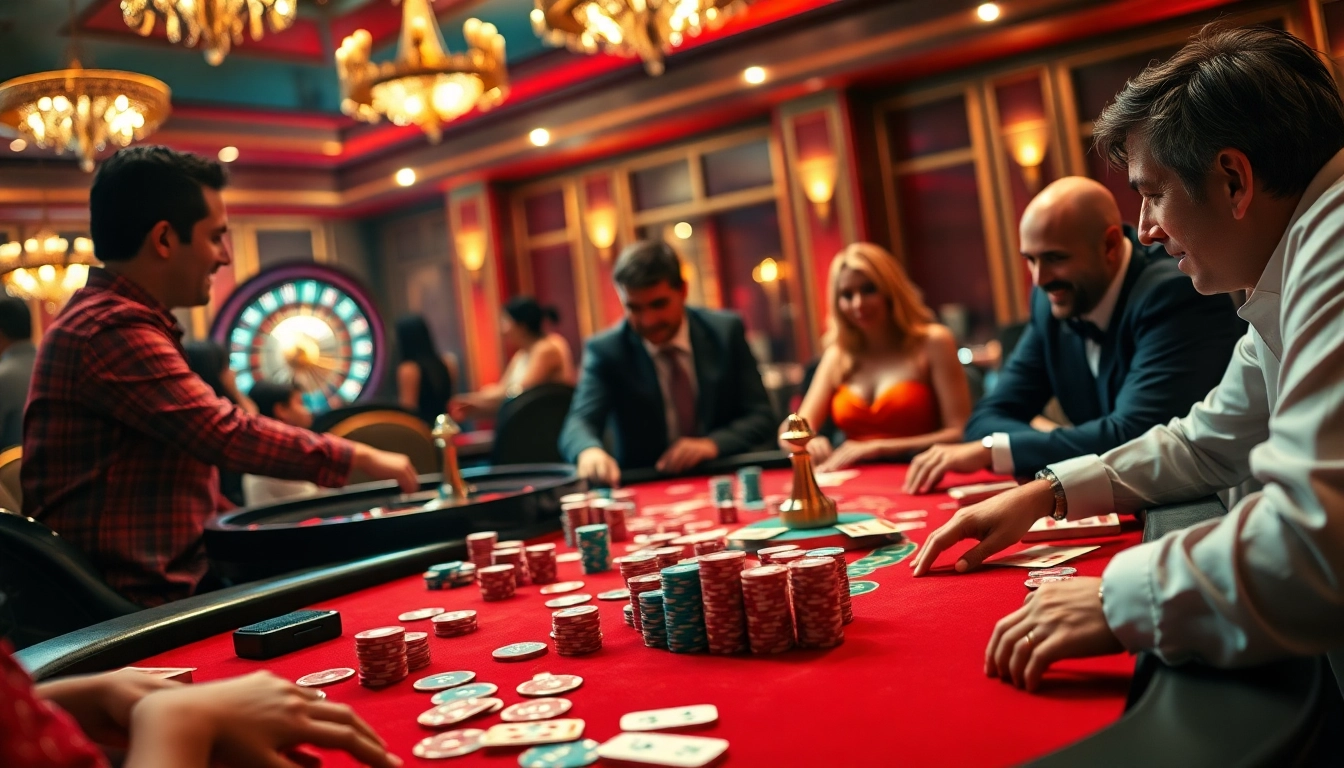 Players enjoying a thrilling poker game at 79King casino, surrounded by vibrant chips and cards.