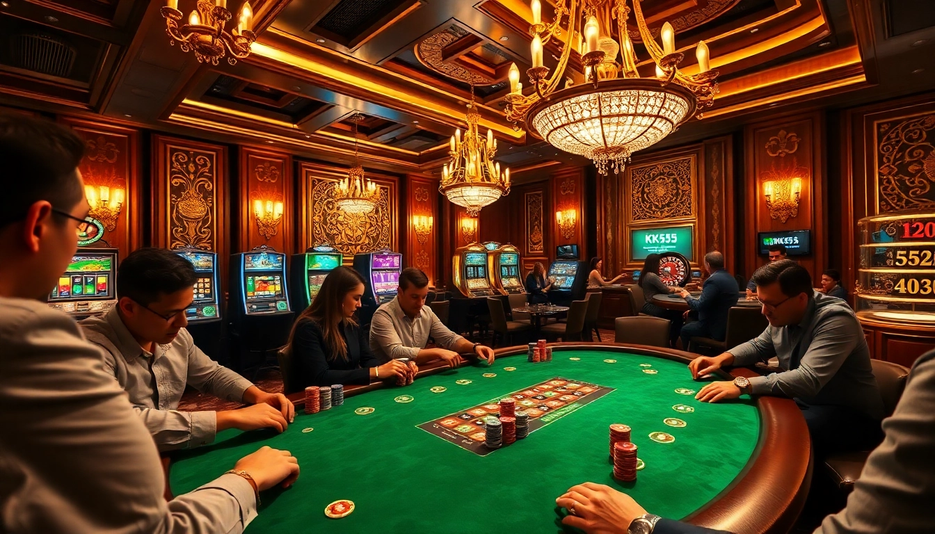 Engaged players betting at a beautiful poker table in a KK55-themed luxury casino.
