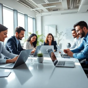 在现代办公室环境中使用 WPS Office 软件的一群专业人士。