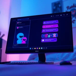 Interactive NSFW AI chatbot interface design with vibrant neon colors, engaging characters, and cozy ambiance.