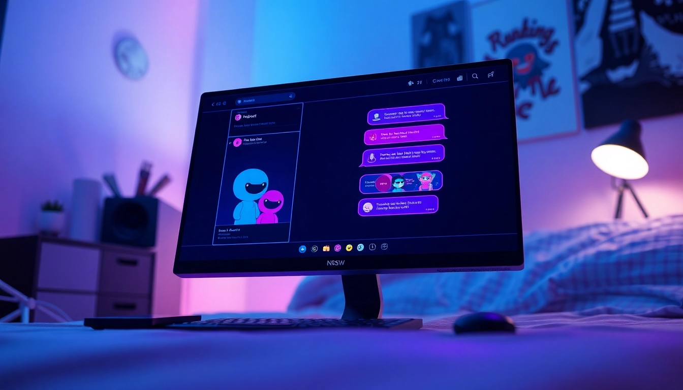 Interactive NSFW AI chatbot interface design with vibrant neon colors, engaging characters, and cozy ambiance.