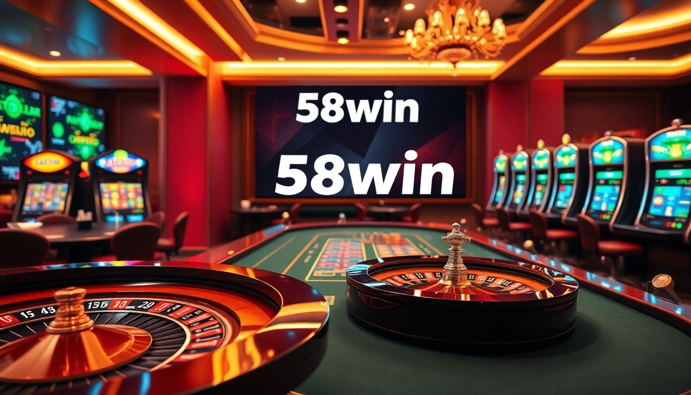 Engage with thrilling gameplay at 58win's luxurious online casino featuring a roulette wheel and poker table.