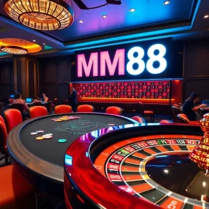 MM88 players enjoying a lively game of poker at an elegant casino table.