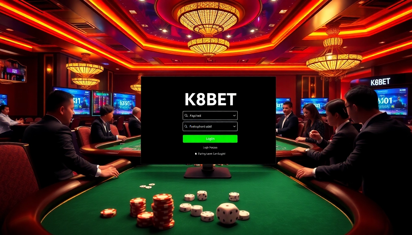 K8BET login interface with vibrant casino elements for an exciting gambling experience.