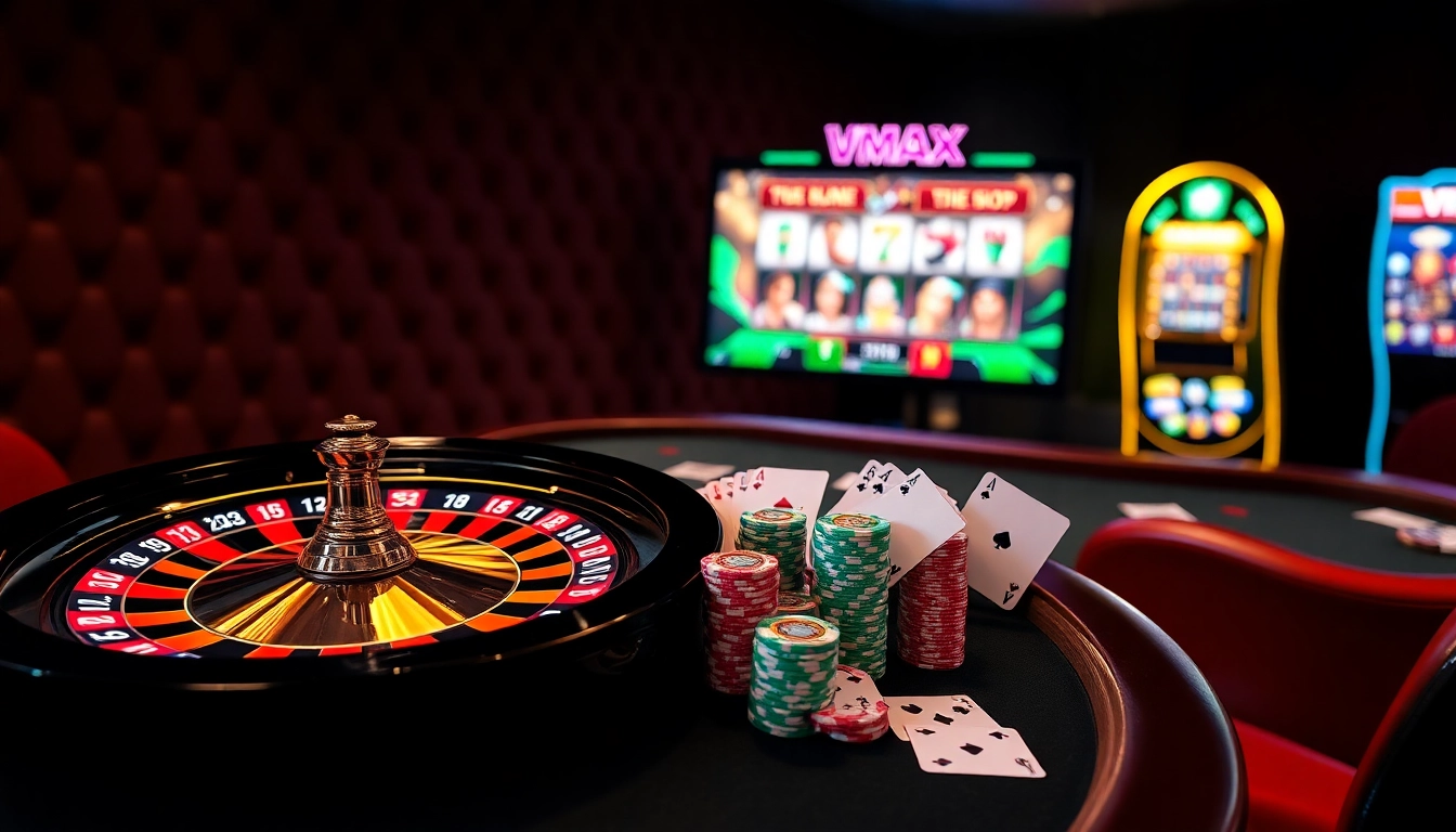 VMAX online gambling interface highlighting luxury casino elements like roulette and poker.