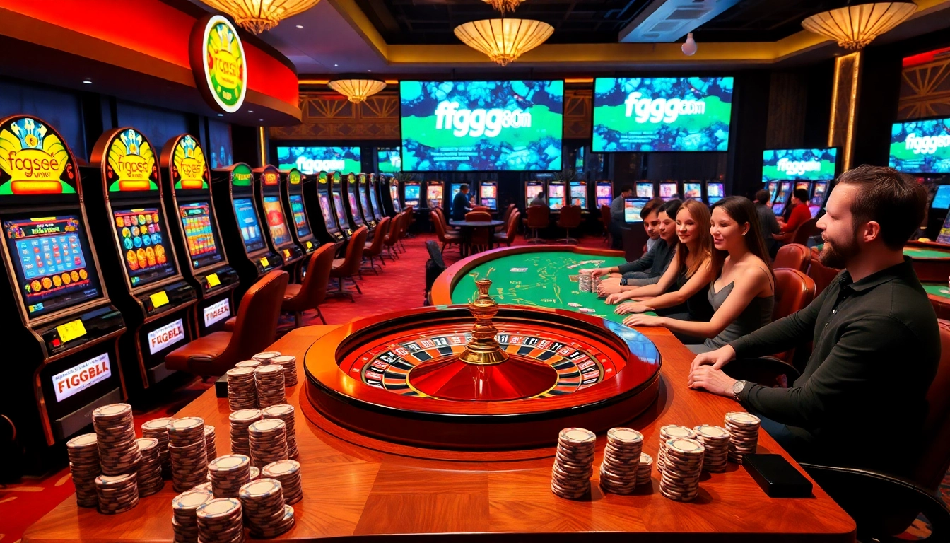 Players enjoying a vibrant casino atmosphere at ffgg88.com, featuring slot machines, poker chips, and live dealer games.