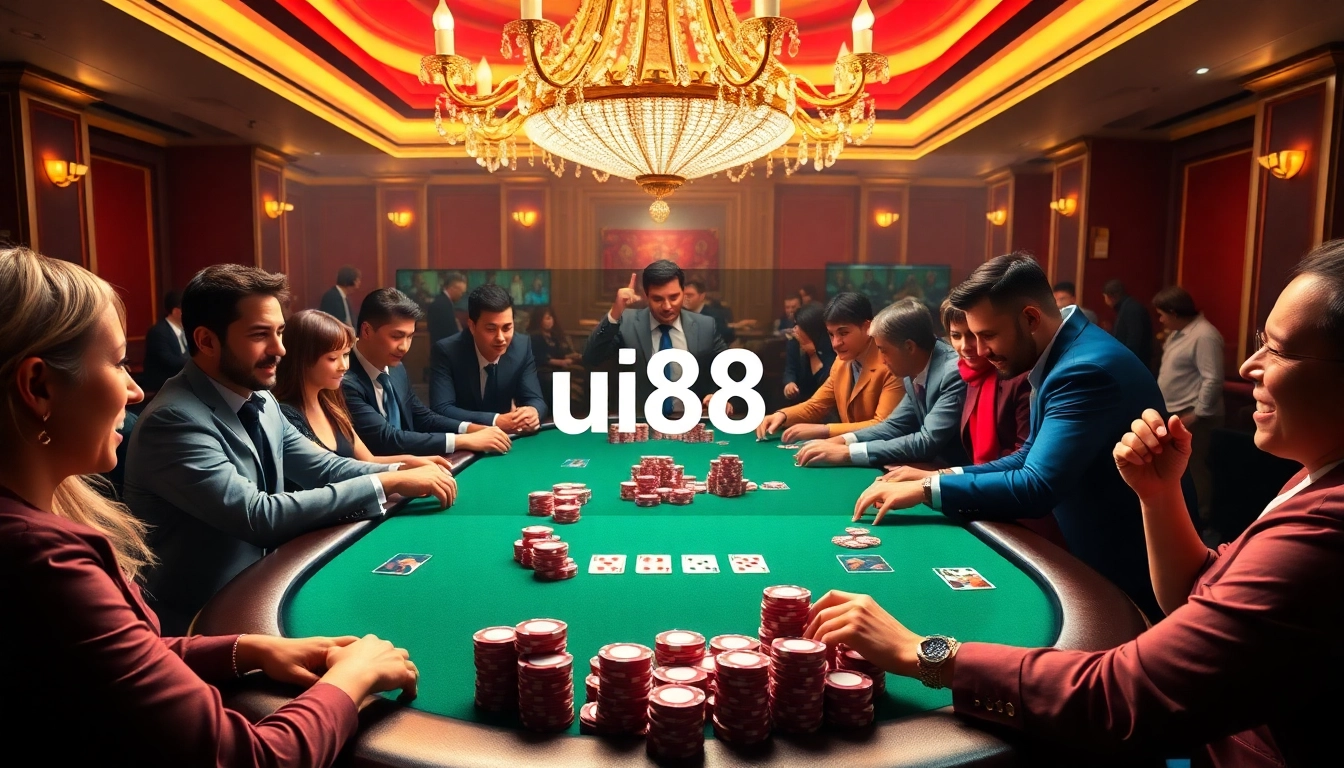 A vibrant casino scene highlighting a poker game, showcasing the uu88 link theme with energetic players and colorful chips.