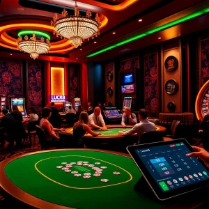 Cảnh casino LUCK8 với hành động poker sôi động và máy đánh bạc phát sáng