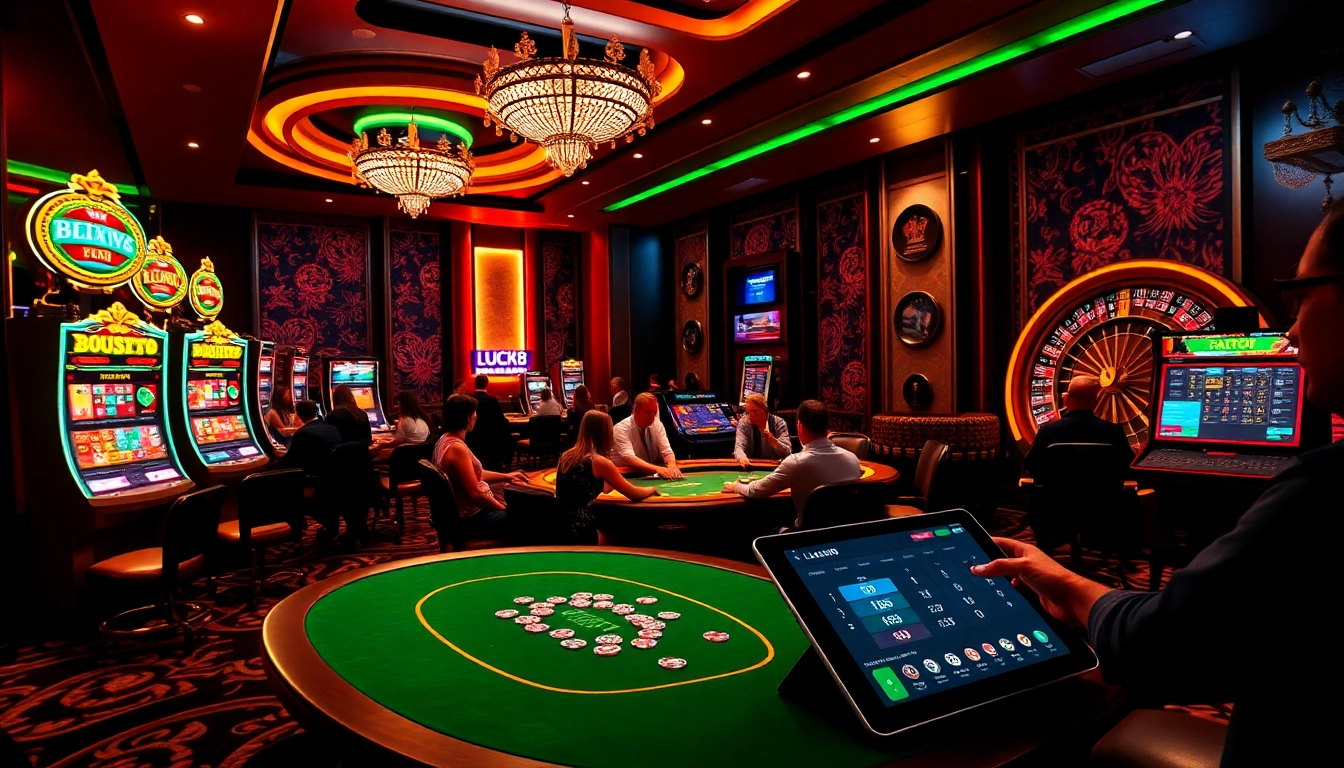 Cảnh casino LUCK8 với hành động poker sôi động và máy đánh bạc phát sáng