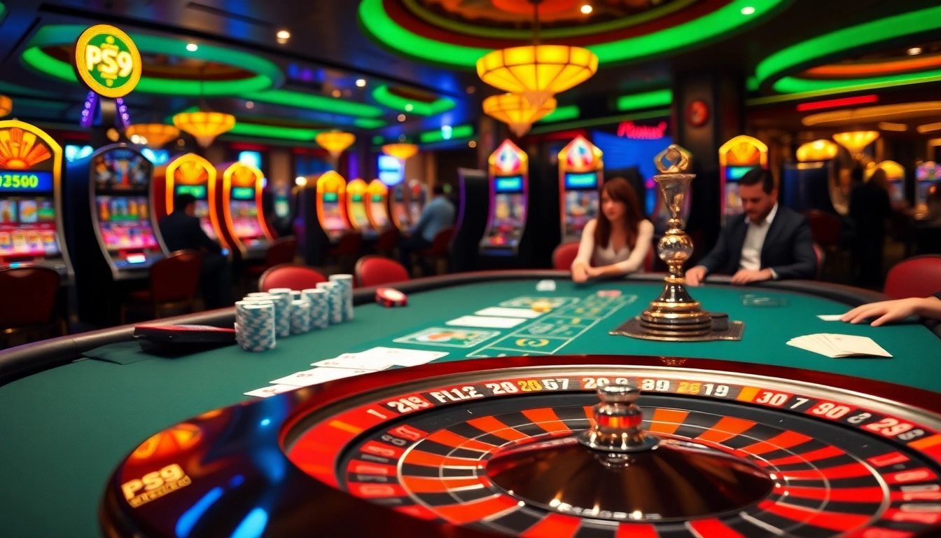 Exciting casino scene featuring PS99 thể thao elements with a dynamic roulette wheel and poker chips.