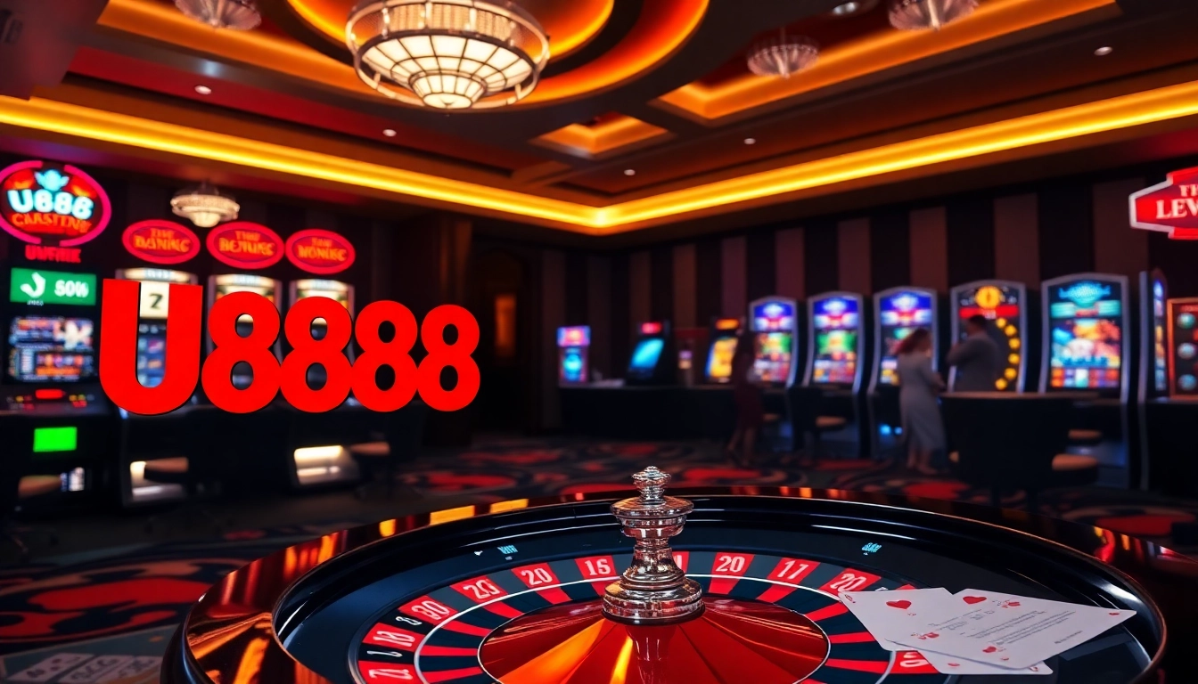 Experience the excitement of U888 online betting with vibrant slot machines and a luxurious casino ambiance.