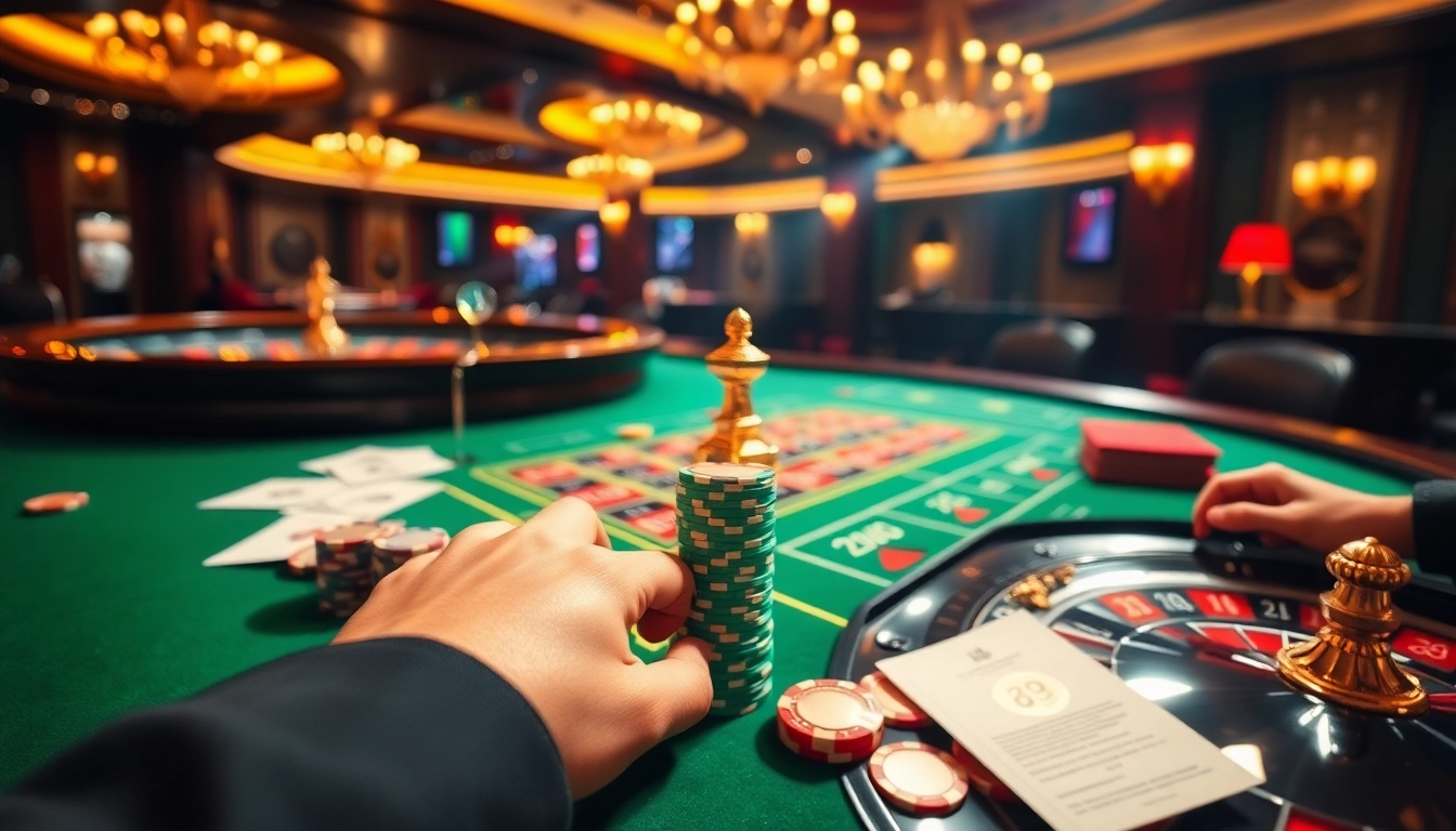 Excited gambler placing a bet at the luxurious 79win casino, featuring poker cards and roulette.