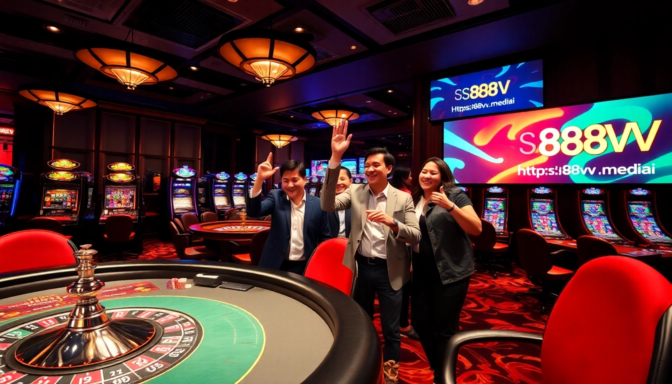 Experience thrills at https://88vv.media/ with players celebrating a poker win in a luxurious casino setting.