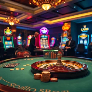 Engage in an exciting gamble at the lavish LC88 casino, filled with vibrant poker chips and roulette wheels.