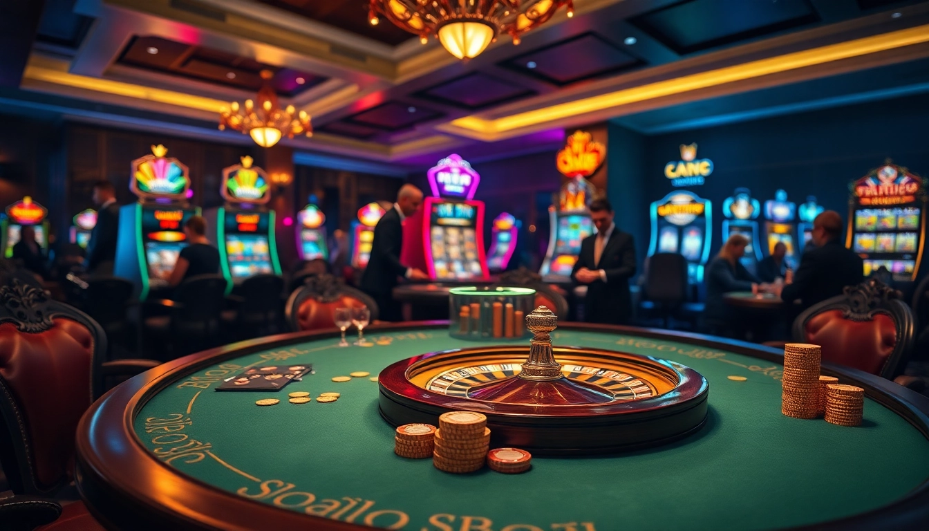 Engage in an exciting gamble at the lavish LC88 casino, filled with vibrant poker chips and roulette wheels.