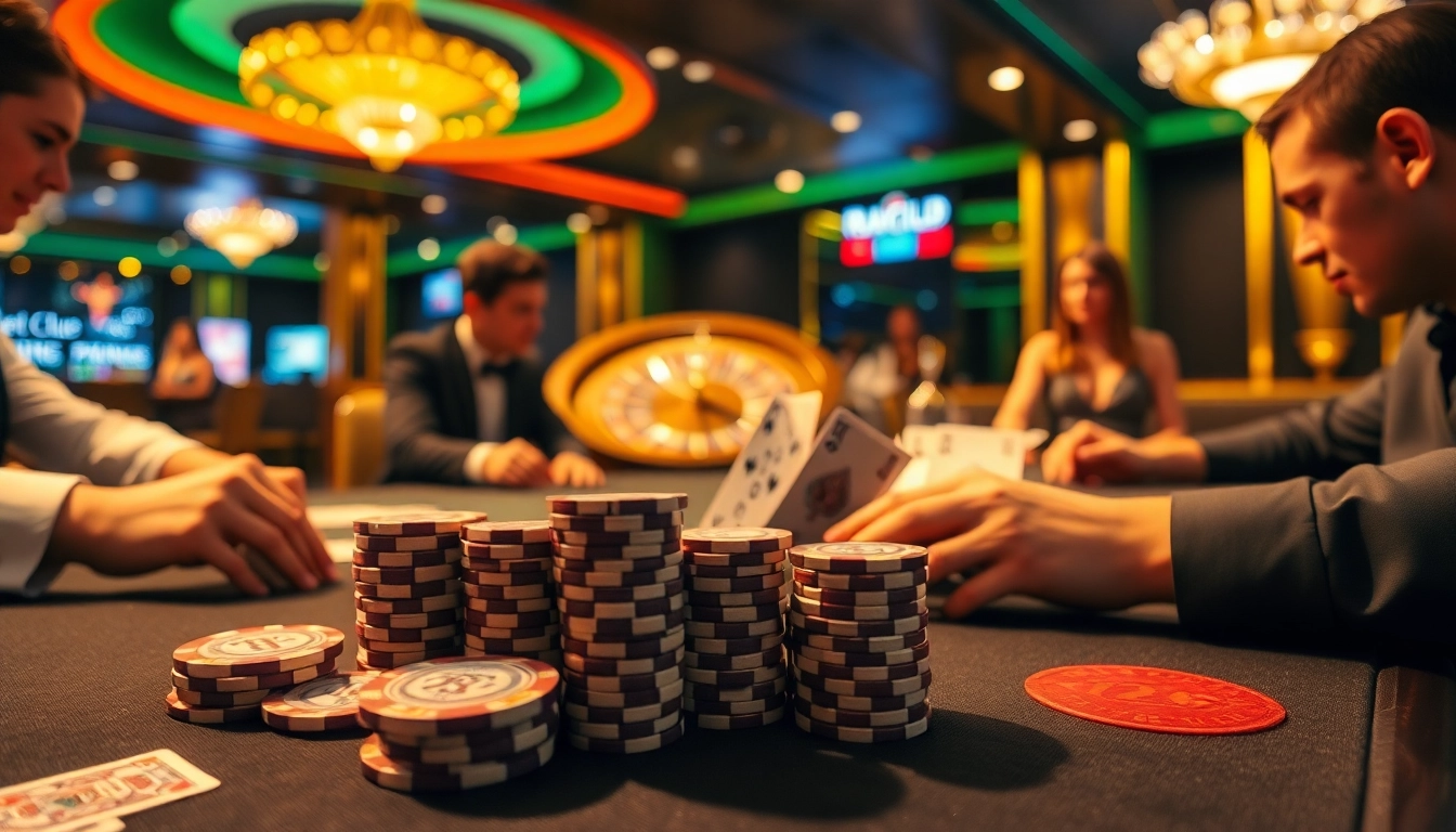 Players enjoying an exciting poker game at 789club's luxurious casino table setting.