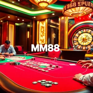 Playing poker at MM88 casino with vibrant chips and cards illuminating the table.
