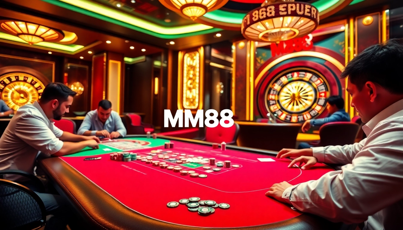 Playing poker at MM88 casino with vibrant chips and cards illuminating the table.