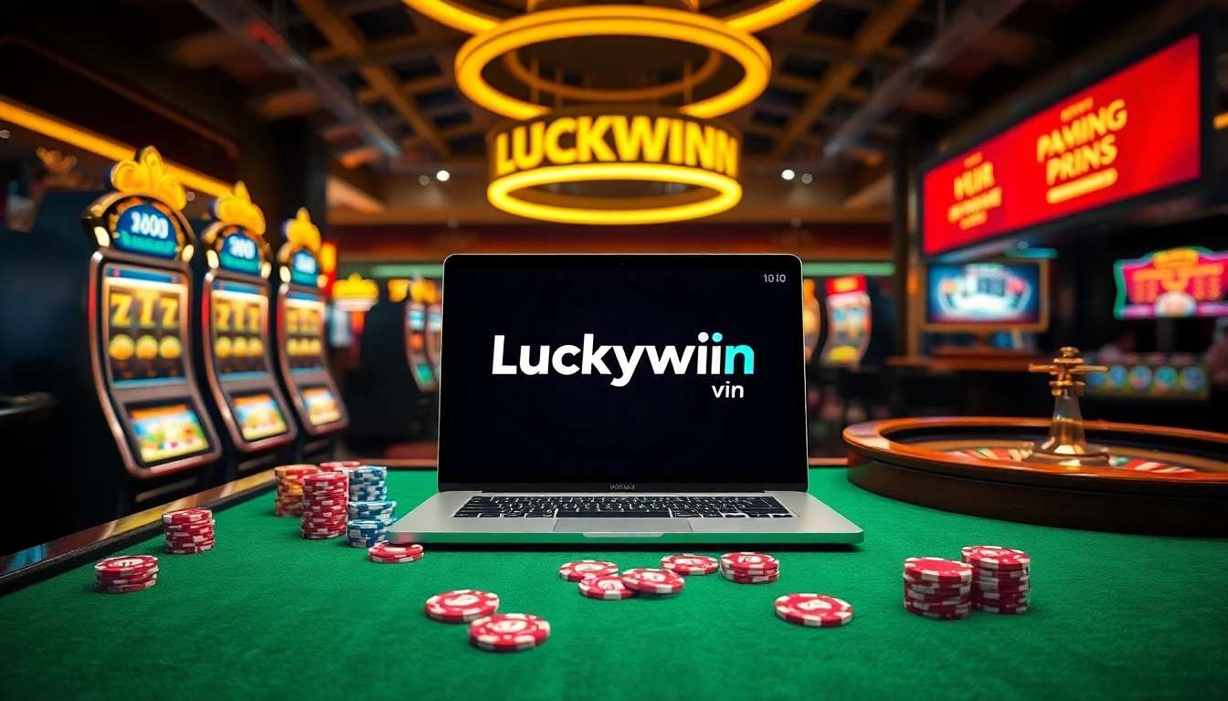 Experience thrilling gaming with Luckywin vn at a vibrant online casino table featuring slot machines and poker chips.