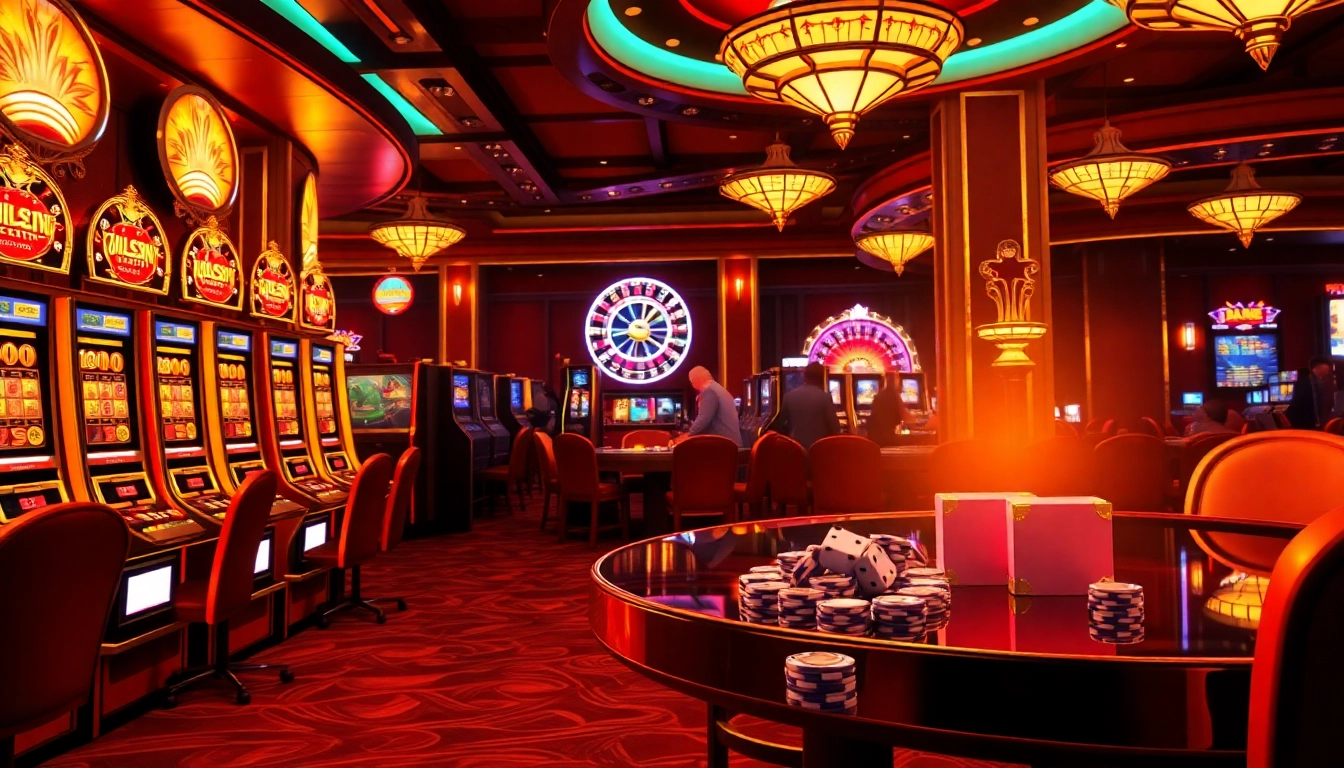 Exciting casino scene featuring slot machines and roulette wheels at https://6slots8.com/ for a thrilling gambling experience.