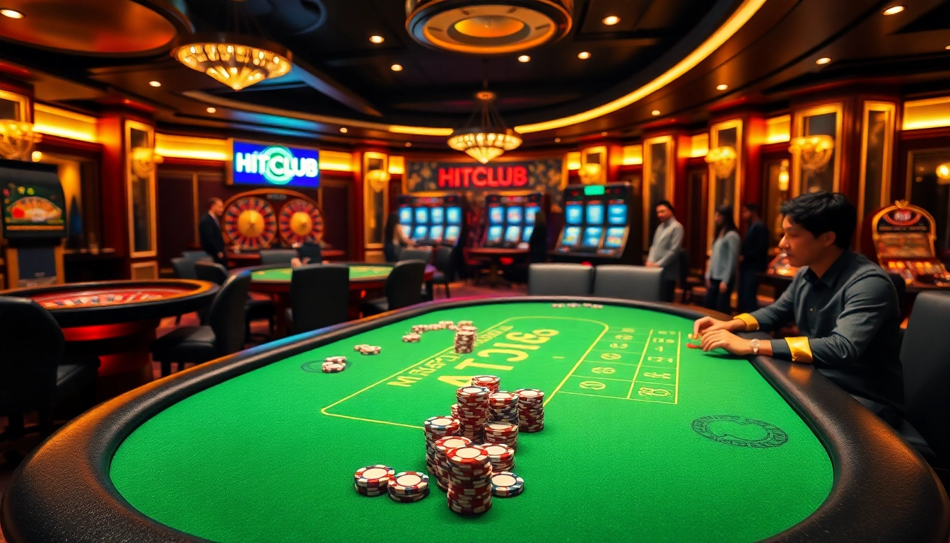 Players betting in a luxurious HITCLUB casino scene featuring poker tables and slot machines.