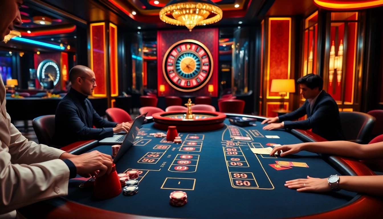 Players enjoy a thrilling blackjack game at a casino table, highlighting 88vv's luxury gambling experience.