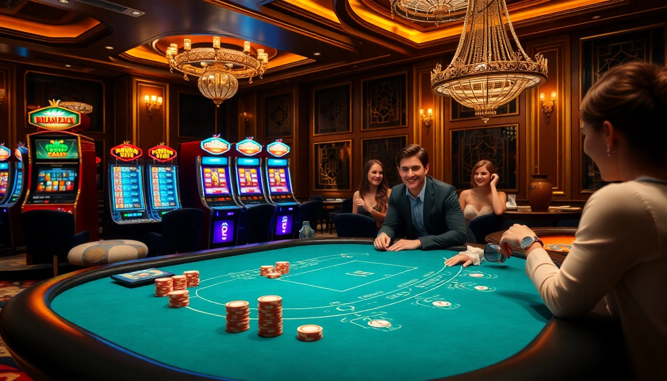 Experience thrilling games at 13win.luxury casino, featuring luxurious poker tables and vibrant slot machines.