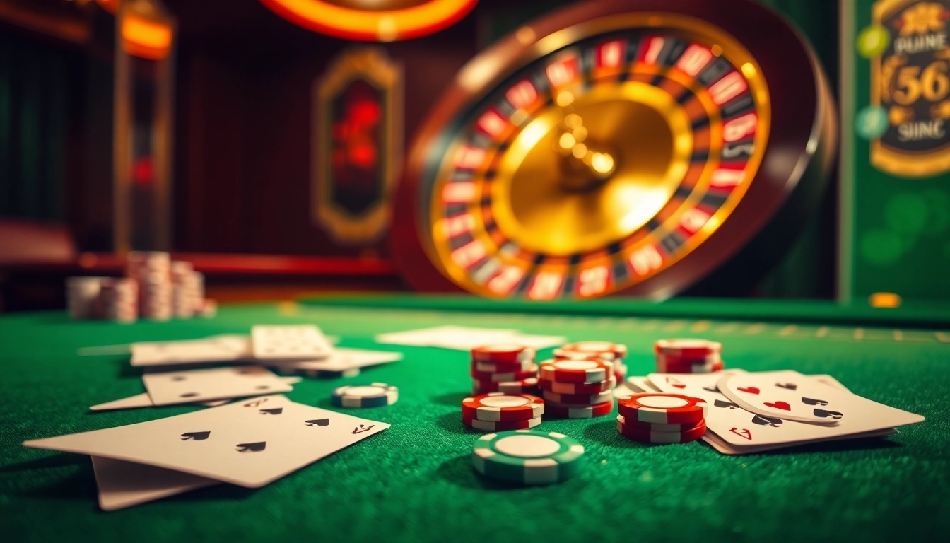 SV388 online casino interface showcasing lively poker chips and a roulette wheel, highlighting excitement in gambling.