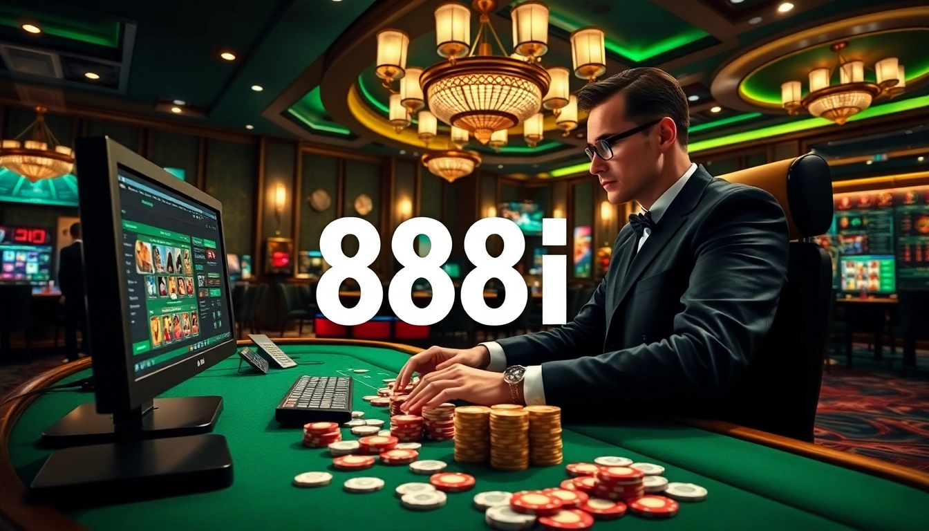 Engaging scene of a gambler logging in for a thrilling 88i đăng nhập experience with casino elements.
