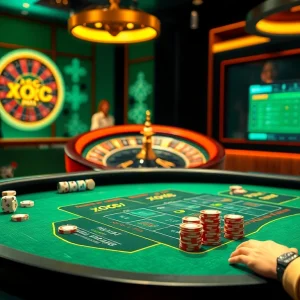 Players enjoying Xóc Đĩa at a vibrant online gambling table with colorful chips and a roulette wheel.