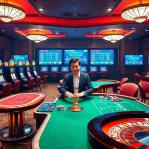 Engaging gaming scene at dn88 trang chủ showcasing thrilling casino action with slot machines and poker tables.