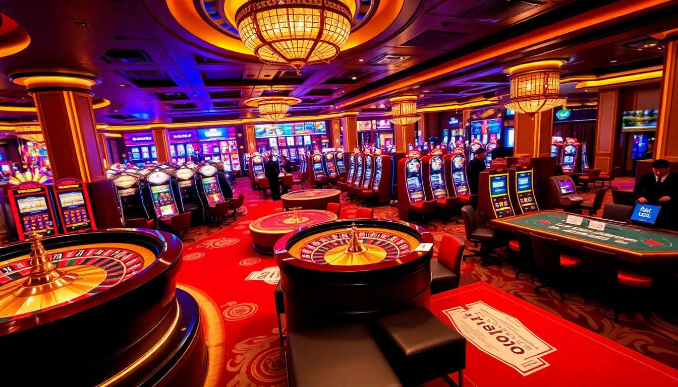 KJC gaming floor with excited players at poker and roulette tables surrounded by flashing slot machines.