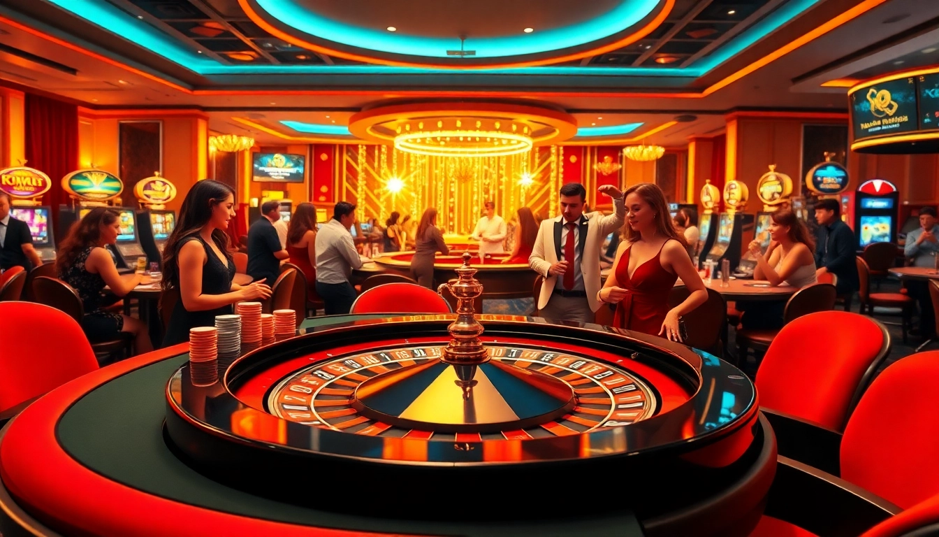 A dynamic casino scene showcasing gamblers at a roulette table with elegance and excitement related to https://go88vn.digital/.