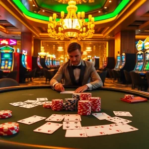 Engaging poker game scene at nhà cái luckywin, showcasing vibrant casino elements and excitement.