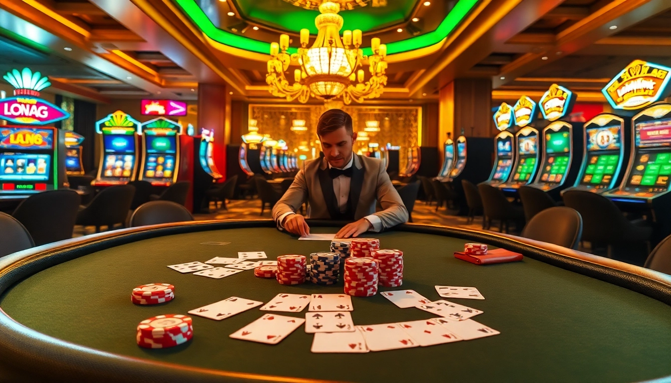 Engaging poker game scene at nhà cái luckywin, showcasing vibrant casino elements and excitement.