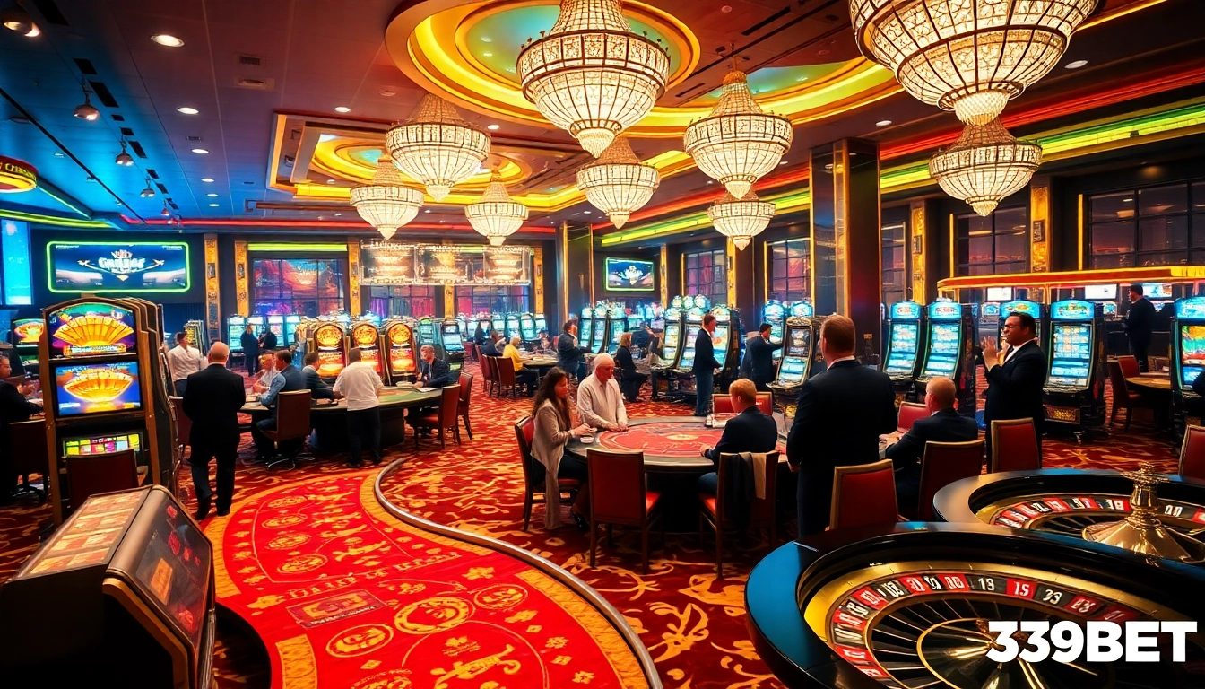 Experience the excitement of 39BET in a luxurious casino atmosphere filled with gaming tables and slot machines.