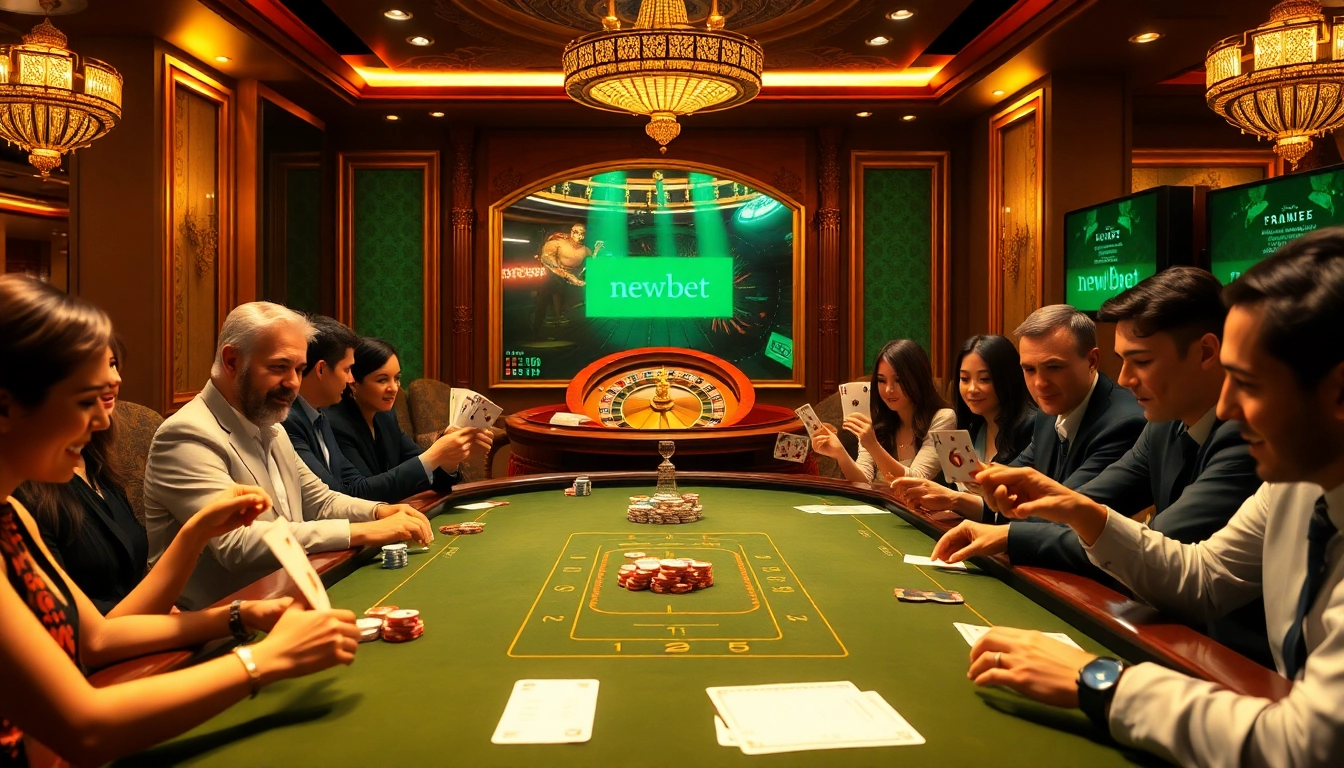 Thrilling poker action at new88bet with illuminated tables and vibrant casino atmosphere.